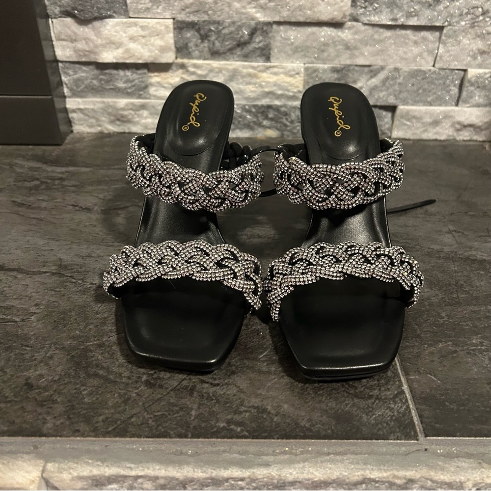New Qupid Black Rhinestone Braided Heels